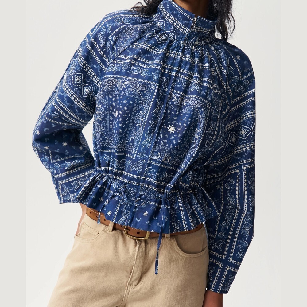 Navy Blue Bandana Print Cinched Waist High Neck Peplum Track Jacket